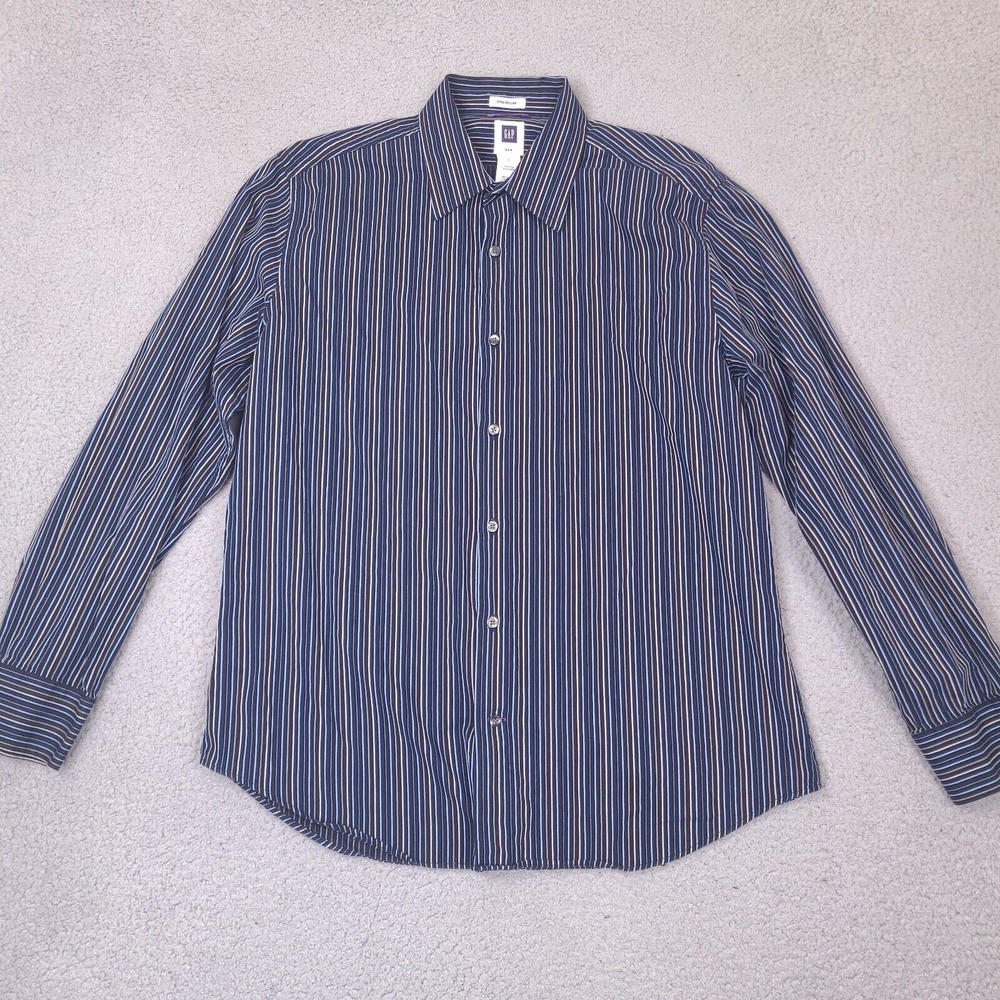 Gap Shirt Men's Large Navy Blue‎ Striped Premium Long Sleeve Button Up